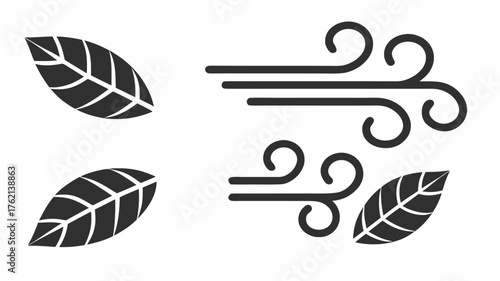 Illustration showing falling leaves and wind gusts in a simple black and white graphic representation style | editable eps vectors silhouette