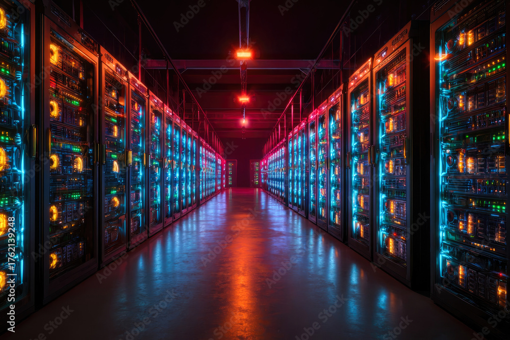Fototapeta premium High-tech data center with rows of illuminated server racks, showcasing vibrant blue and orange lights, creating a futuristic atmosphere in a modern computing environment