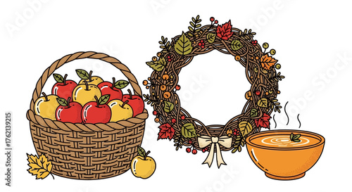 Flat lay illustration of a wicker basket filled with apples, a fall wreath, and a bowl of soup on a white background, evoking a cozy autumnal mood.