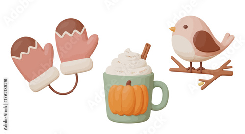 Flat lay of winter accessories and autumnal drink with whipped cream on a clean white background.