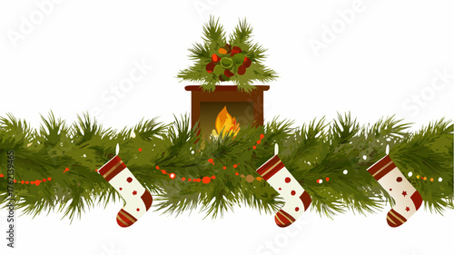 Christmas fireplace decorated with garland stockings and a wreath on top of the fireplace mantelpiece | editable eps vectors silhouette
