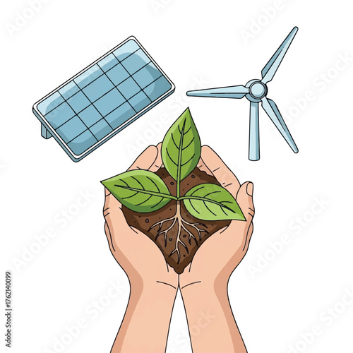 Hand holding a green wind turbine with plant and leaves symbolizing eco energy and growth