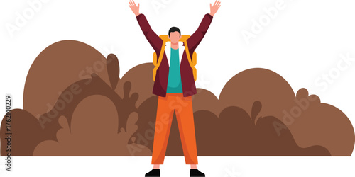 Hiking adventure man with backpack celebrating achievement