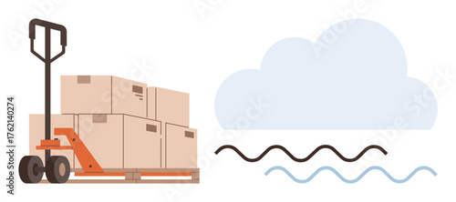 Pallet jack loaded with cardboard boxes on wooden pallet beside cloud with wavy lines. Ideal for logistics, shipping, warehouse, supply chain, e-commerce, weather impact, storage. Simple flat