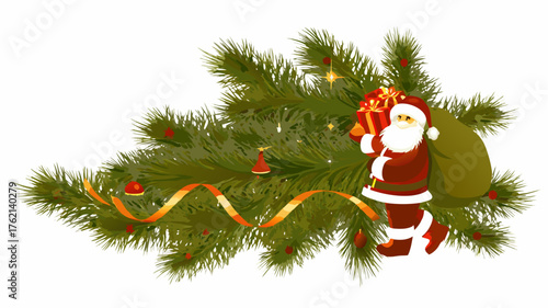 Santa claus carrying gifts and a sack near a christmas tree branch with ornaments and a ribbon decoration | editable eps vectors silhouette