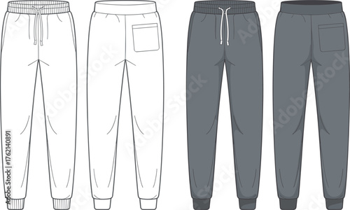 Technical flat sketches and colored renders of men's fleece sweatpants with elasticated cuffs and drawstring, ideal for activewear and casual fashion design.