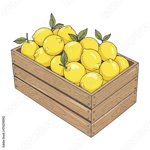fresh fruit of lemons in a wooden box