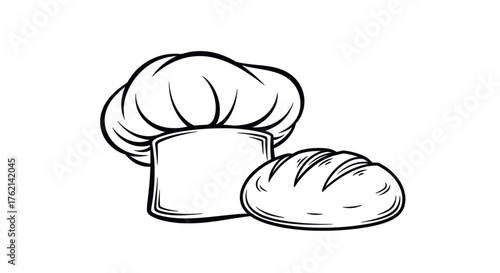 Chef hat and bread symbolizing bakery profession and bread production. Line art vector illustration, isolated on a transparent background