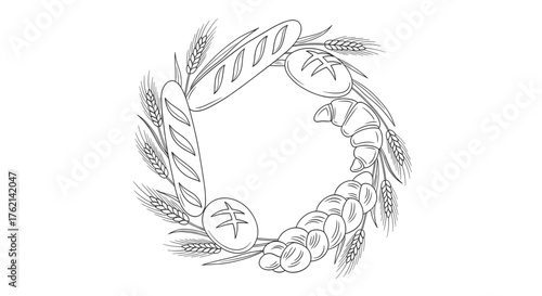 Bread wreath symbolizing bakery, harvest, and homemade traditions. Line art vector illustration, isolated on a transparent background