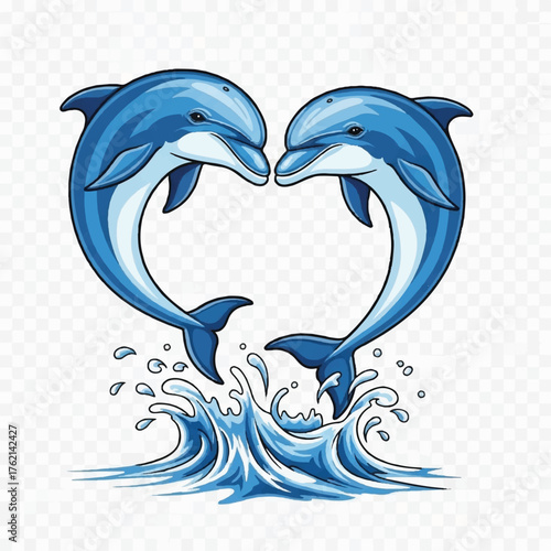 Dolphin Affection: Two graceful dolphins leap and intertwine to form a heart, a testament to their deep bond in a splash of ocean blue.