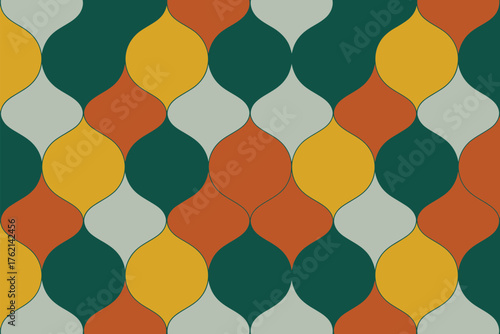 Abstract pattern with alternating colors of green yellow orange and gray teardrop shapes repeated across