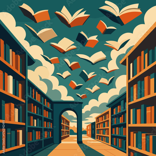 Whimsical library scene with flying books and shelves under a cloudy sky in warm colors