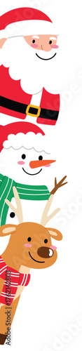 Stack of Happy Santa Claus, Smile Snowman and Friendly Reindeer Peeling, Funny Christmas Character Peeking illustration