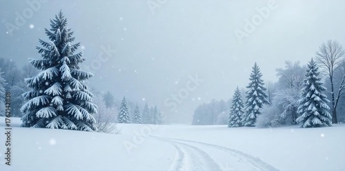 Mesmerizing Winter Landscape Heavy Snowfall Blankets a Peaceful Scene of Swirling Snowflakes Against a Gray Sky, Ideal for Holiday or Winter Themes.