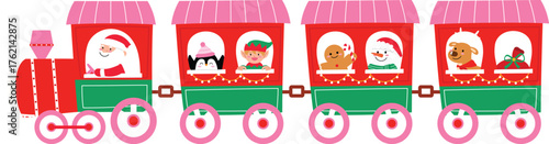 Christmas Train with Cute Character Like, Santa Claus, Penguin, Elf, Gingerbread Man, Snowman, Reindeer, Festive Train with Light illustration