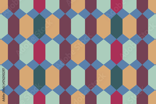 Colorful geometric pattern featuring elongated hexagons and diamond shapes in a repeating design