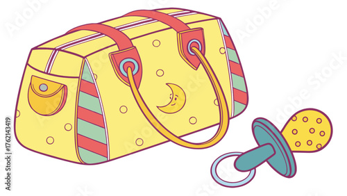 Adorable yellow baby diaper bag with moon design and pacifier vector illustration scalable for various uses