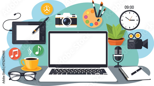 Creative workspace with laptop and various tools for designers and content creators