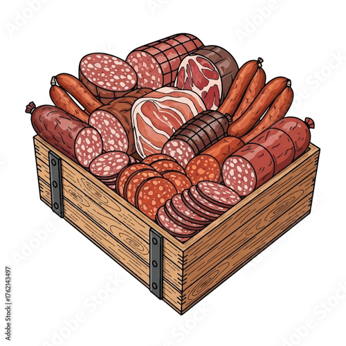 Artisanal Charcuterie Selection: A wooden crate overflows with an enticing array of artisan cured meats, including salami, sausage, and ham, meticulously arranged and ready to be savored. 