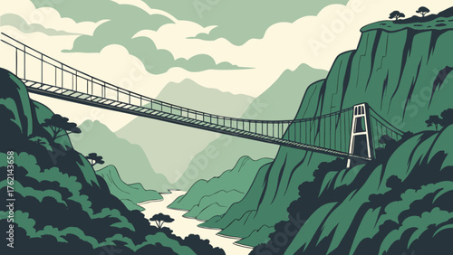 Suspension bridge spans a deep gorge with a lone figure crossing a scenic mountain landscape vector illustration