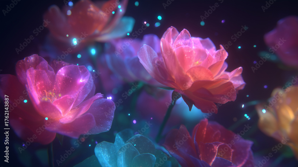 Obraz premium Fantasy glowing flowers in vibrant neon colors — detailed macro digital artwork featuring luminous petals and dreamy bokeh lights, perfect for modern design, wallpapers, and abstract art projects