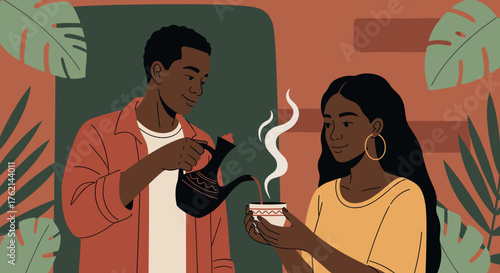 Young African bartender pouring freshly brewed coffee from a jebena for a woman, ideal for cultural events and hospitality training