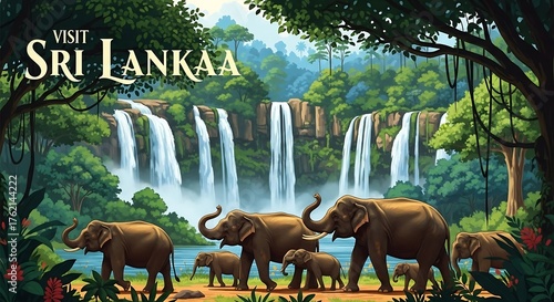 Sri Lanka Travel Poster with Elephants in Lush Jungle and Waterfalls, Generative AI