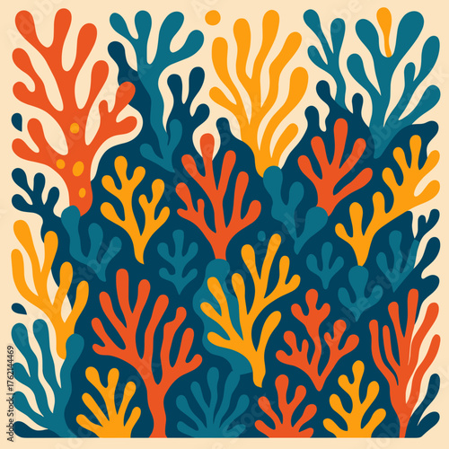 Colorful coral reef pattern filled with vibrant sea life in shades of blue, orange, and yellow