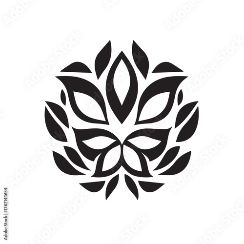 Intricate black mandala design featuring symmetrical petal shapes and geometric patterns on a white background