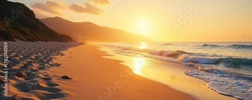 Golden Hour Sunlight on Pristine California Beach Serene Ocean Waves, Soft Sand, Ideal for Relaxation and Escape