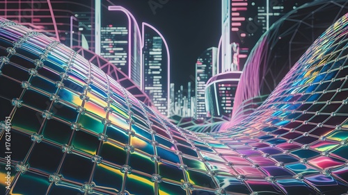 Iridescent Wave Surface with Neon City Background