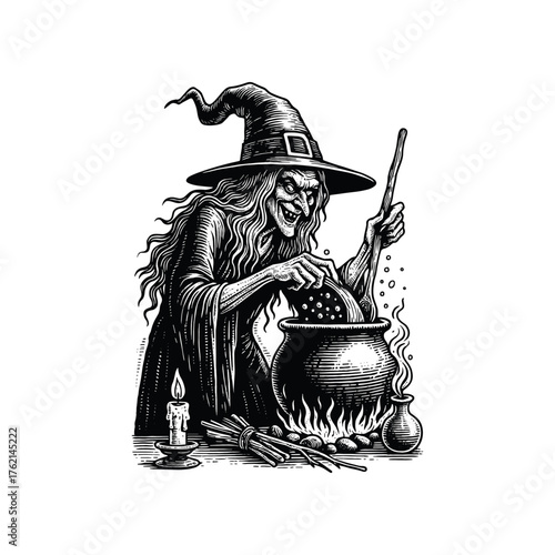 Vintage engraving illustration of Evil Witch Stirring Potion by Candlelight