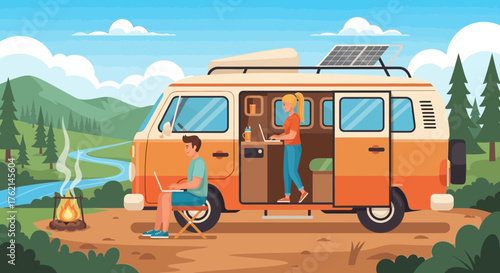 Vanlife camping scene with a couple traveling in a retro camper van, working remotely and enjoying nature beside a river in a peaceful outdoor landscape