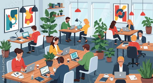 Modern Open Office Workspace with Employees Working on Laptops in a Collaborative Co-working Environment Illustration