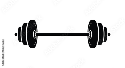 A classic barbell with multiple weight plates on each side presented as a bold black silhouette against a white background