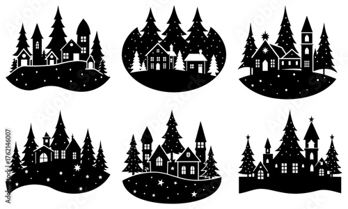 Enchanting winter village silhouette collection, perfect for holiday crafts and festive designs, evoking cozy Christmas spirit, originally a scalable vector graphic