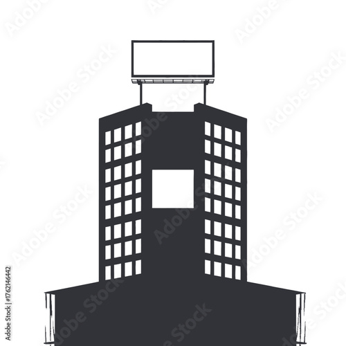 Silhouette of a tall building with multiple windows and a billboard on top, against a white background.
