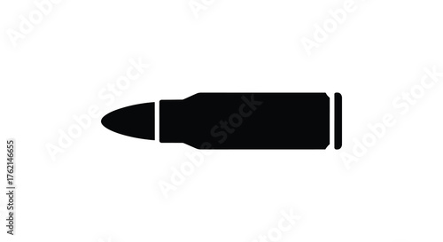 A stark black silhouette of a single bullet against a clean white background representing ammunition and weaponry silhouette