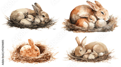 Watercolor illustration of rabbits and baby bunnies resting in a nest. Gentle brown tones and natural texture, perfect for spring decor, nursery prints, or wildlife art projects.