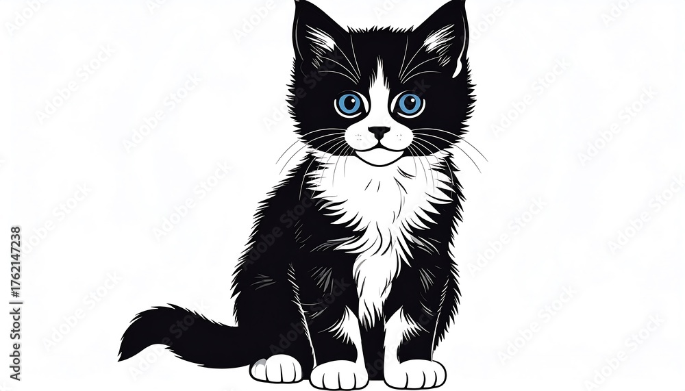 Obraz premium Adorable cartoon depiction of a black and white kitten with bright blue eyes, sitting upright against a white background