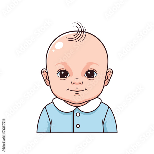 Cute cartoon illustration of a happy baby with a sweet smile and friendly eyes, perfect for children's themes, family content, pediatric designs, and early learning materials