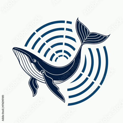 Minimal whale logo with sonar wave design – modern marine animal vector illustration.