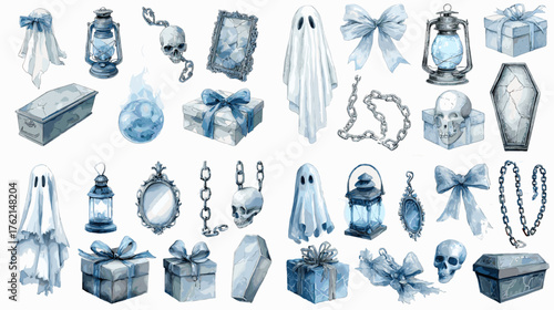 Blue gothic watercolor clipart set featuring ghosts, skulls, coffins, bows, and lanterns. Perfect for Halloween designs, dark aesthetic branding, invitations, or spooky decor themes.