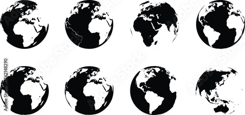Black and white globe icons, world map silhouettes, Earth planet views, global geography illustration, continents vector set, international cartography design