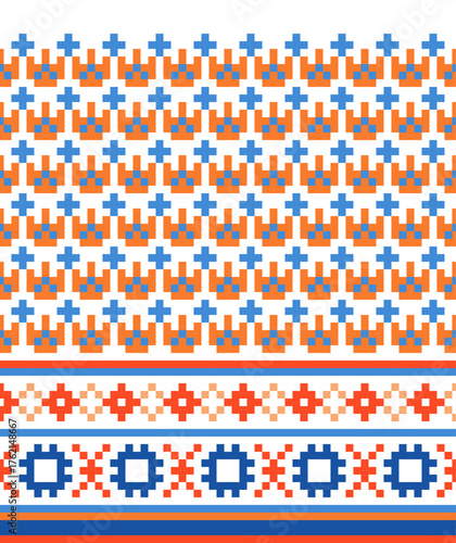 A pixel-style textile pattern in blue and orange tones, inspired by traditional woven fabric designs. Perfect for weaving, embroidery, knitting, or digital fabric projects.