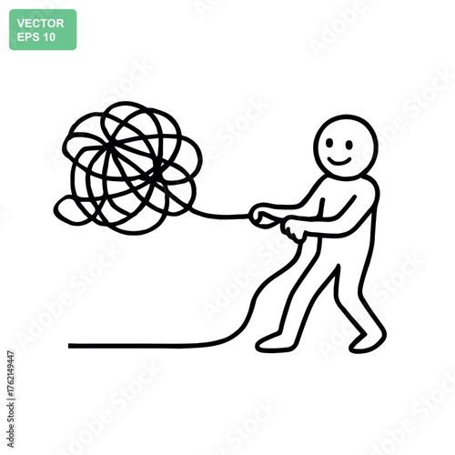 Stick figure organizing tangled thoughts into a clear linear process illustration