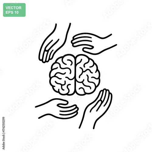 Brain health care illustration with supportive hands offering comfort and aid