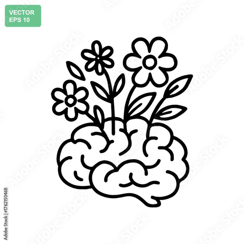 Brain with blooming flowers symbolizing mental wellness and personal growth