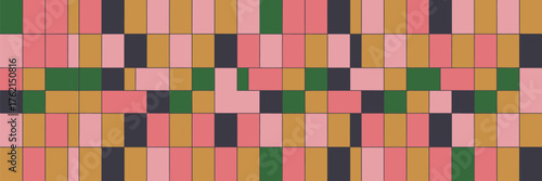 A seamless pattern of rectangular tiles in shades of pink green gold and dark gray arranged randomly creating a mosaic