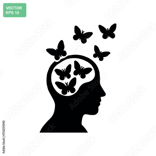 Head filled with butterflies escaping releasing anxiety and overthinking concept